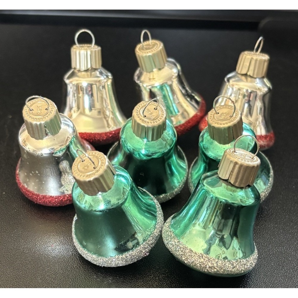 Set of 8 Small Shiny Bell Christmas Ornaments Feather Tree Silver Turquoise MSE